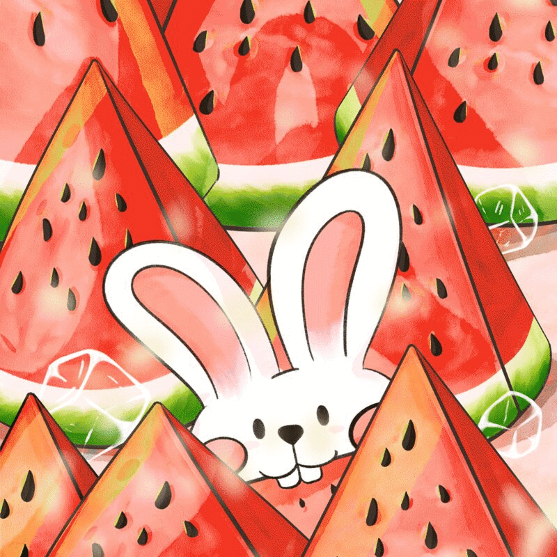 治愈系兔子吹水彩风动图暑假吃西瓜插画下载
