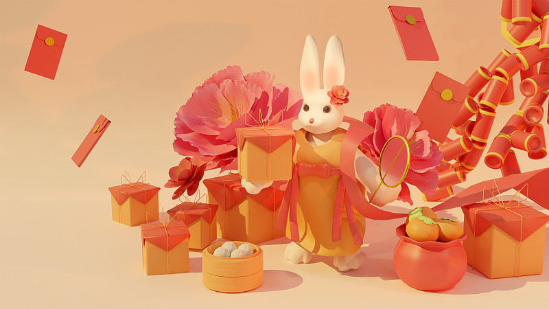 兔子和年货庆祝新年快乐图片下载