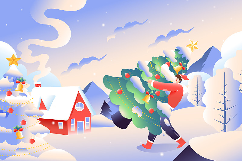 卡通冬季圣诞节圣诞老人礼物送礼儿童家庭亲子出游出行汽车滑雪运动情侣雪景圣诞树平安夜渐变矢量插画下载