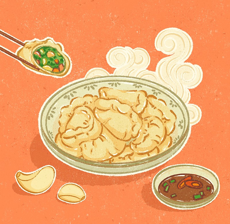 手绘纹理一盘热腾腾的饺子图片下载