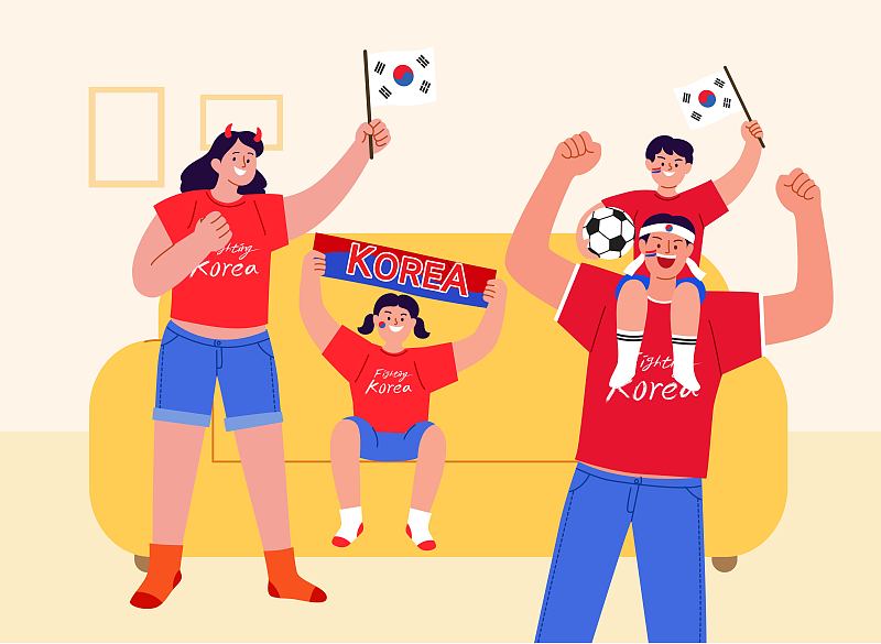身穿世界杯助威服的韩国人，手持太极旗的红魔正在助威图片下载