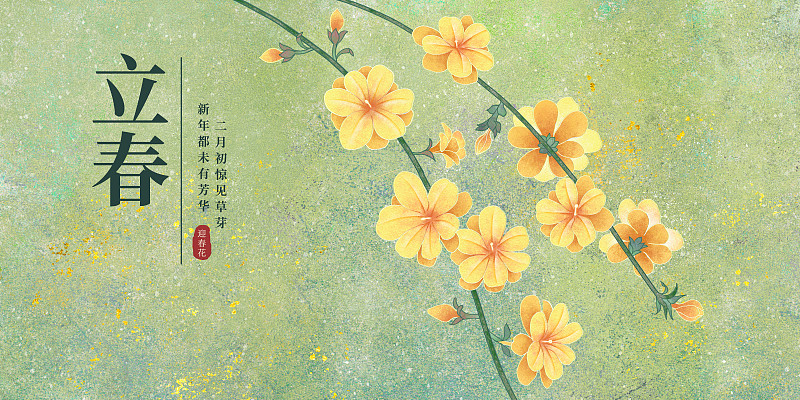 二十四节气立春海报肌理岩彩风格植物系列迎春花图片下载