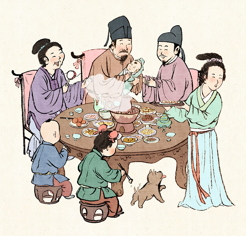 古代大年三十一家人吃团圆饭聚餐的场景图片下载