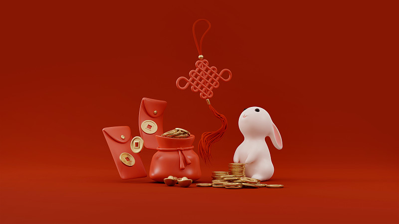3D渲染兔年春节红包主题插画下载