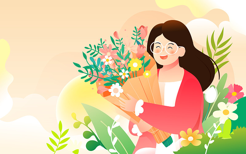 三八妇女节女生收鲜花礼物文艺清新活动插画下载