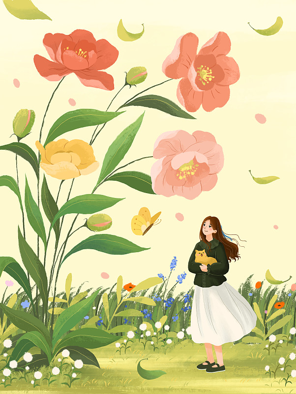 治愈系小清新插画春天里站在花朵下的女孩下载