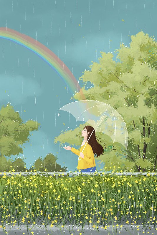 治愈系小清新插画下雨天走在天桥打着伞的女孩下载