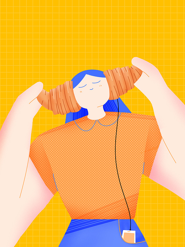 黄色清新可爱戴着可颂面包耳机的女孩扁平插画下载