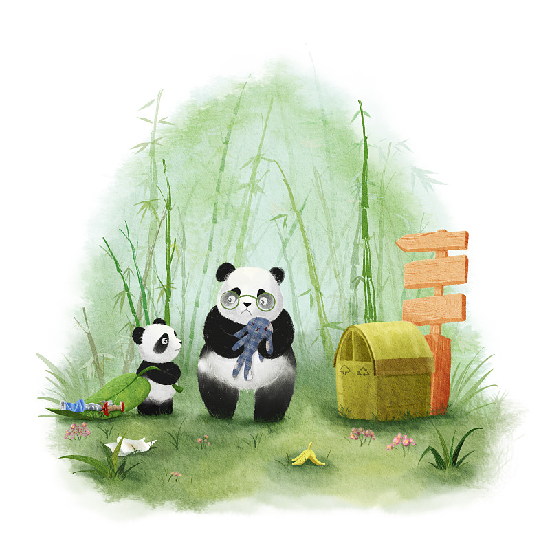 两只可爱的熊猫在清理竹林里的垃圾图片下载