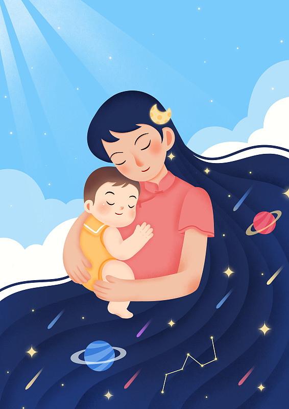 妈妈抱着宝宝，母亲节，长发，星空图片下载