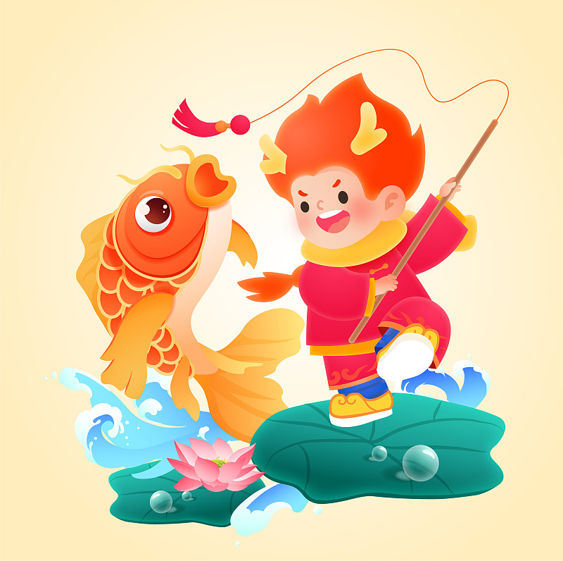 龙年春节卡通人物系列插画之童子钓鱼下载