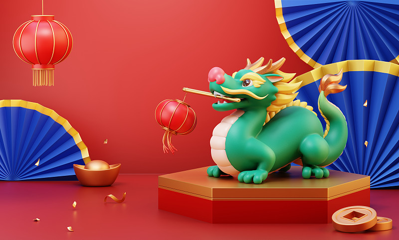 喜庆中国龙嘴叼灯笼 3D春节新年场景设计图片下载