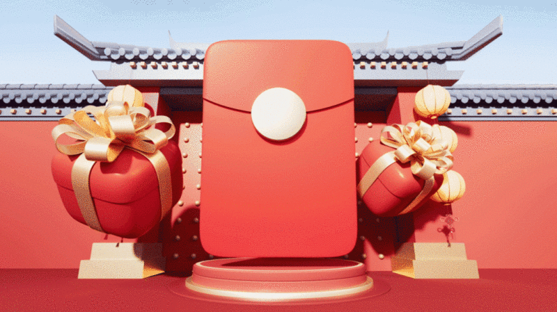 红包与中国风古风背景3D渲染插画下载