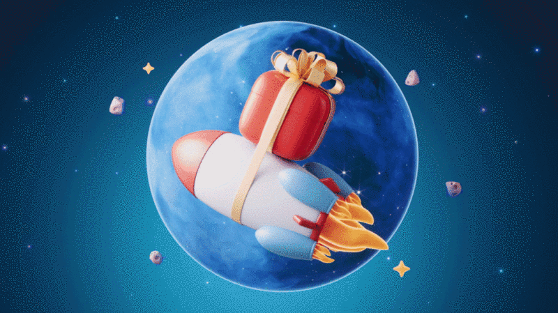 火箭与礼物外太空卡通3D渲染插画下载