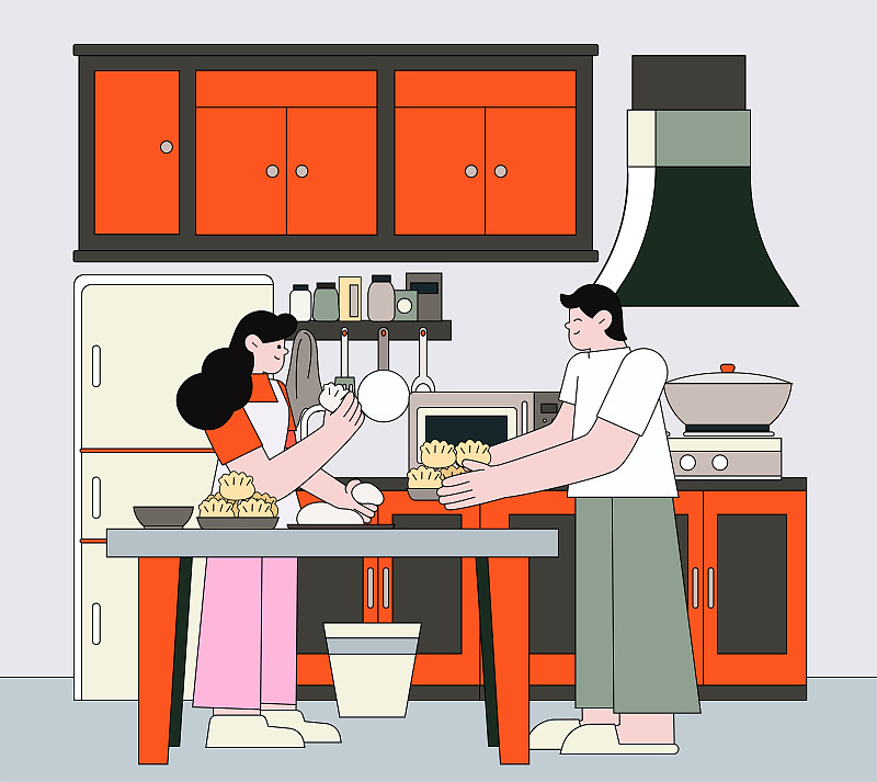 一对夫妇在厨房里准备食物年夜饭包饺子餐桌美食家庭室内矢量插画下载