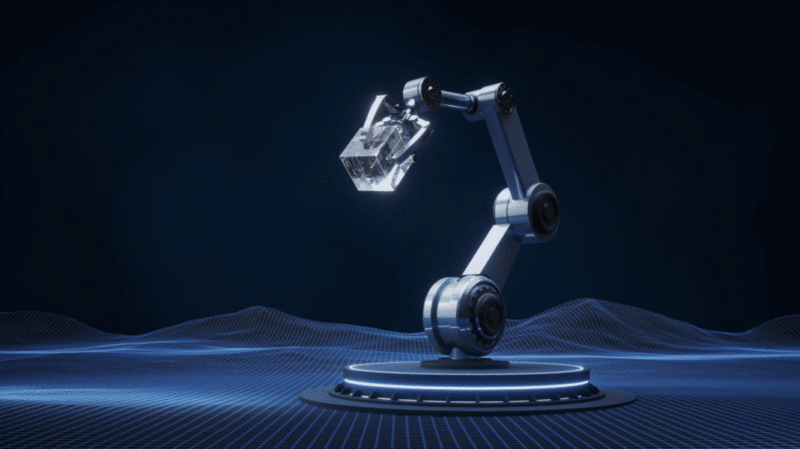 机械臂与蓝色科技线条背景3D渲染图片下载