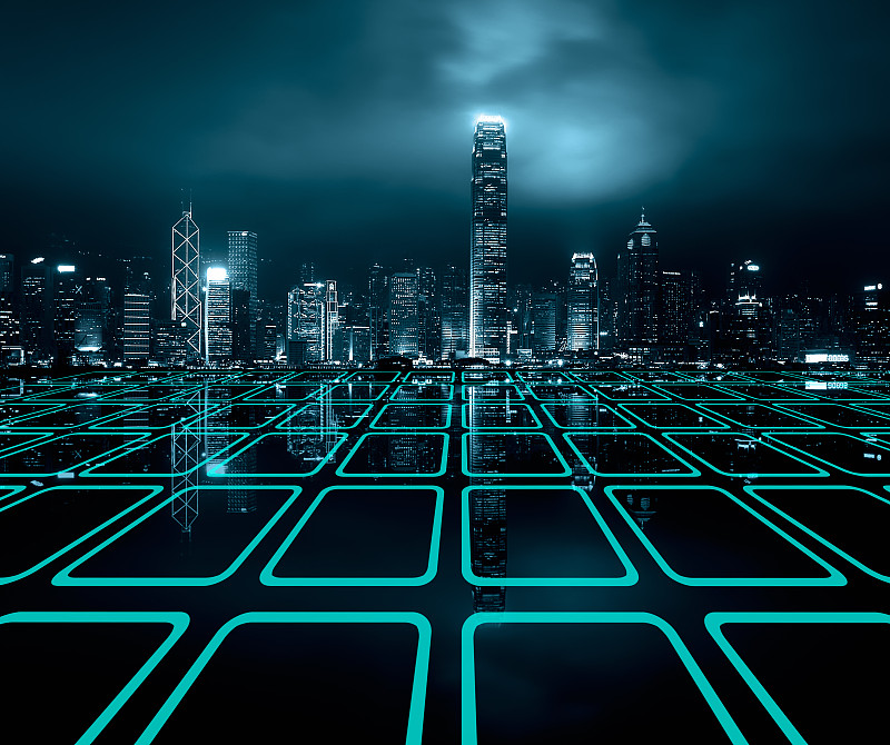 网络科技感和新能源感香港现代摩天大楼夜景特效图片下载