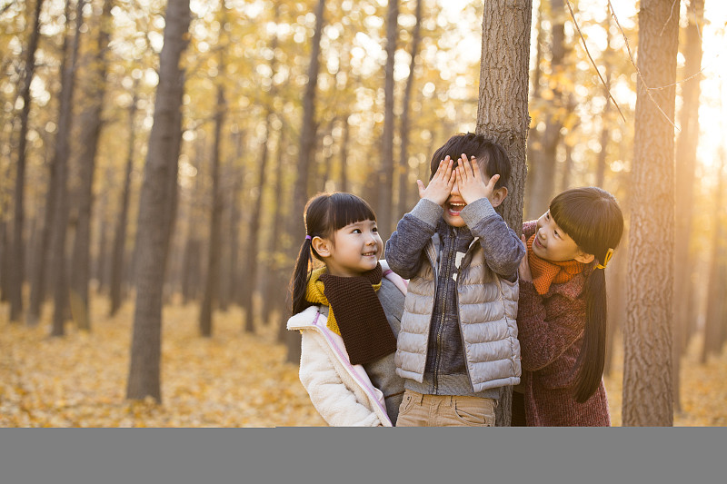 三个小孩在树林里玩捉迷藏图片下载