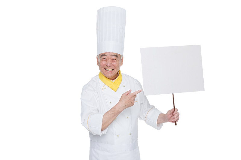 穿着厨师服的老年男人拿着白板图片素材