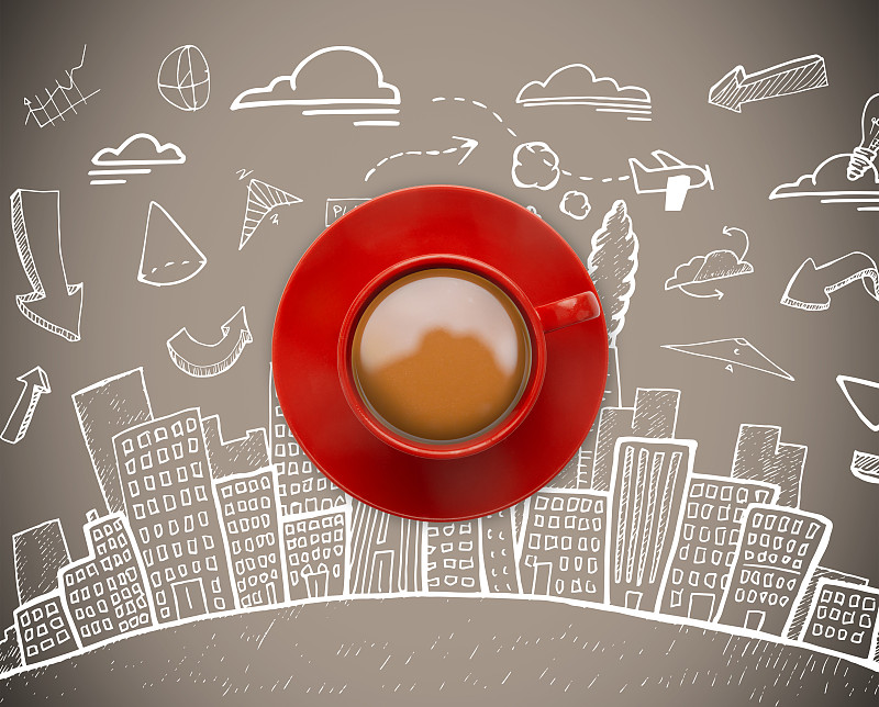 红色的咖啡杯与灰色背景与小插图图片素材