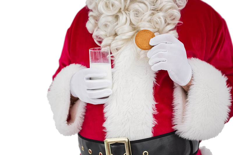圣诞老人拿着牛奶和饼干的杯子在白色的背景图片下载