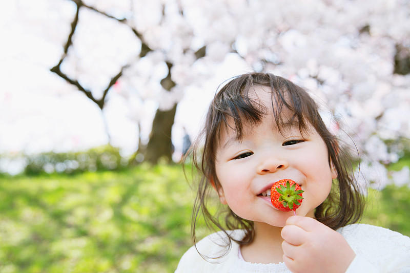 年轻的日本女孩微笑着在城市公园里欣赏樱花图片下载