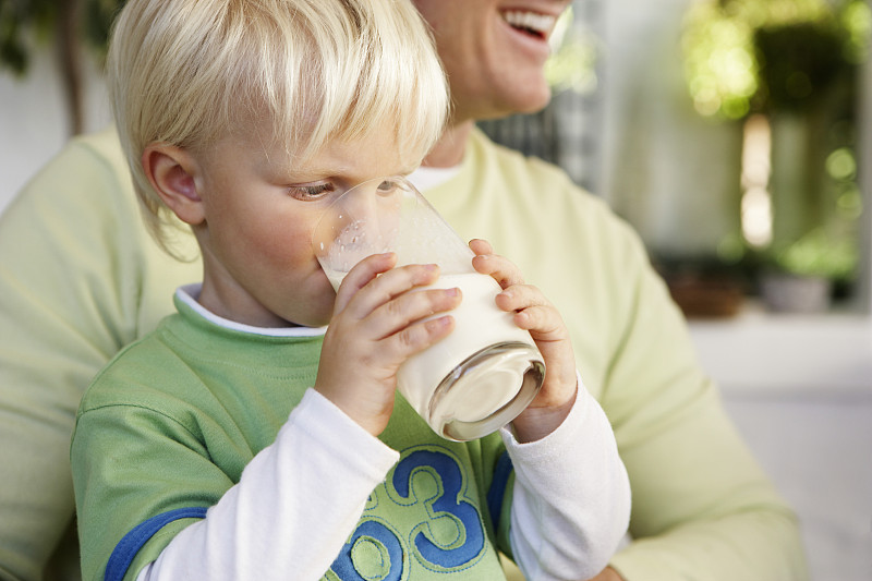 男孩在父亲的膝上喝牛奶图片素材