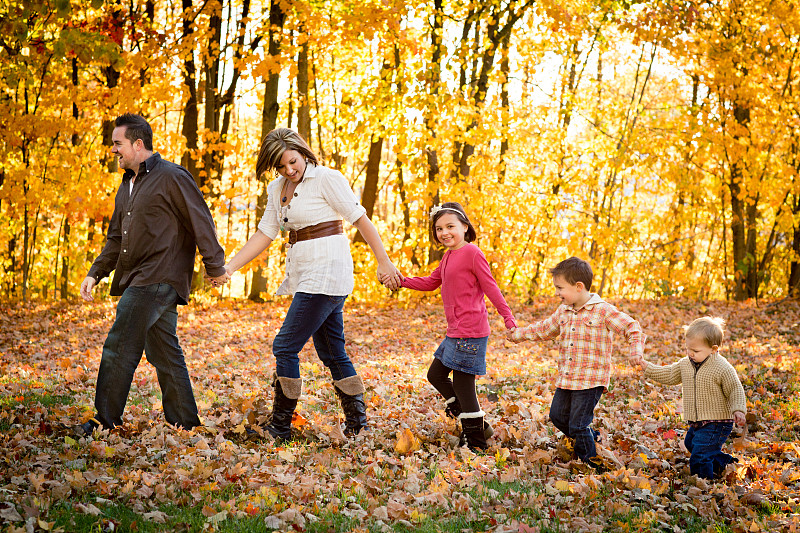 快乐的父亲，母亲，女儿和儿子漫步在秋天的树林里图片下载