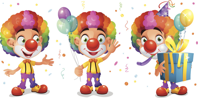 可爱的卡通小丑角色与气球和礼盒图片素材