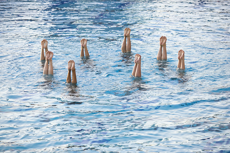一组花样游泳运动员在游泳池，低部分图片下载