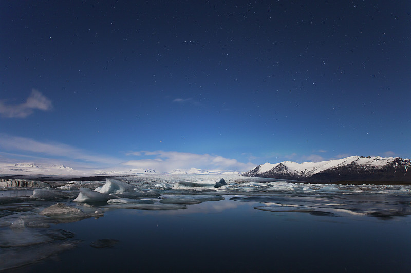 冰川在夜间漂浮在冰川上。冰岛图片下载