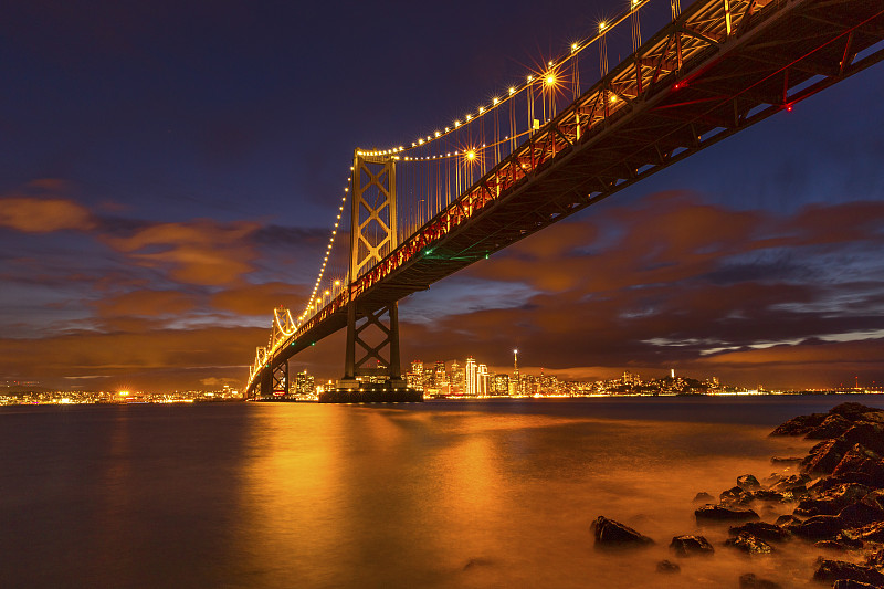 日落时的旧金山天际线和海湾大桥图片下载