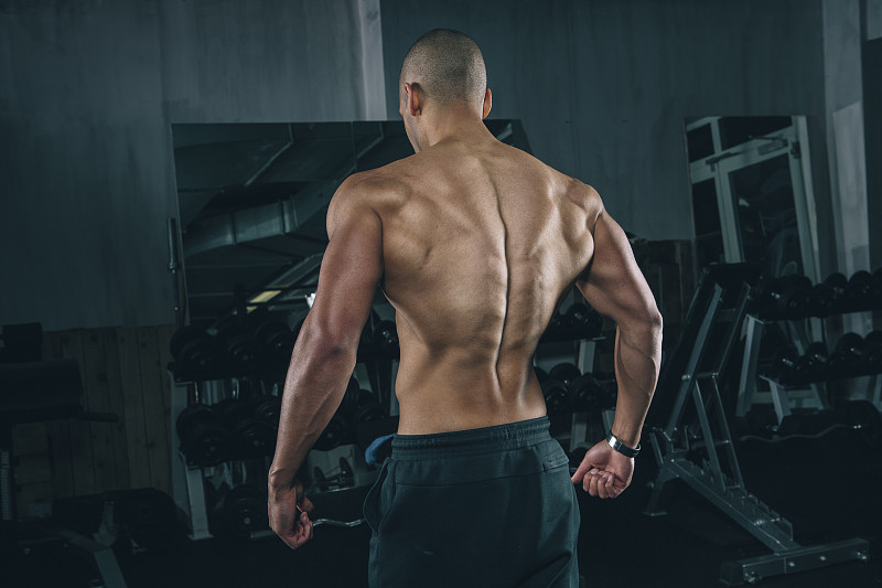 一个年轻男子在健身房的背部肌肉图片下载