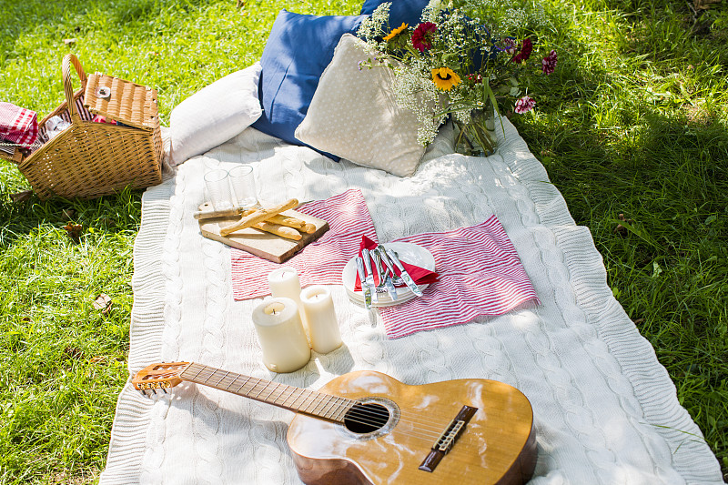 野餐毯，吉他，蜡烛和垫子在草地上图片素材
