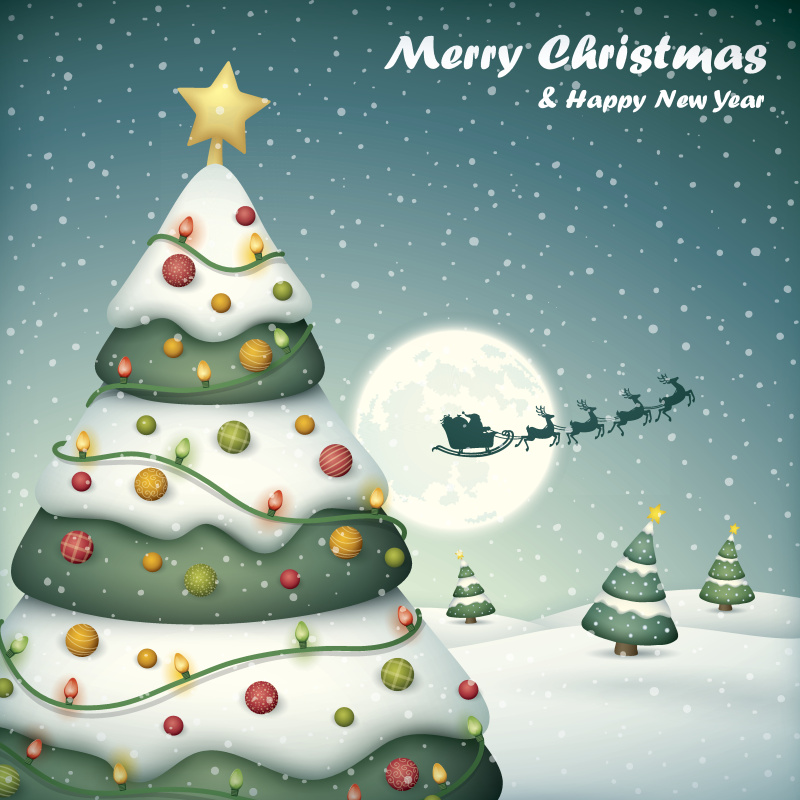 圣诞树和圣诞老人的雪橇与雪的背景图片下载
