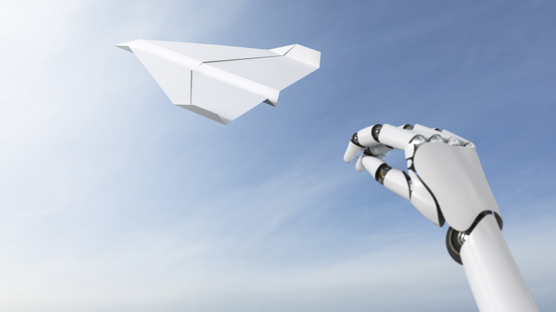 机器人手扔纸飞机，3D渲染图片素材