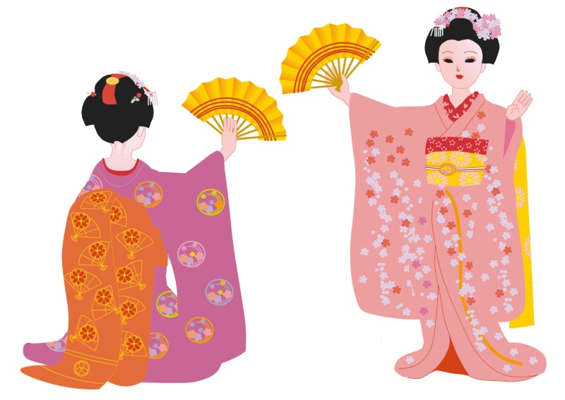 日本，两名女子穿着日式服装，手拿折扇跳舞图片下载