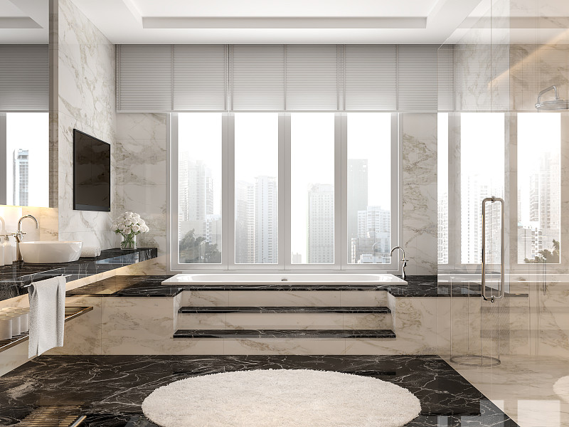 现代豪华浴室与黑白大理石瓷砖3d渲染图片素材
