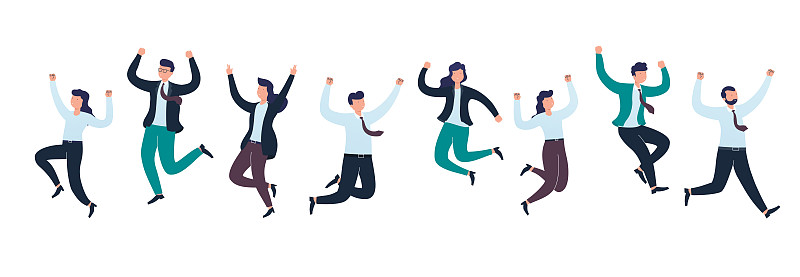 一群欢呼雀跃的商界人士团队一起欢腾庆祝胜利。快乐成功人士的概念。图片下载
