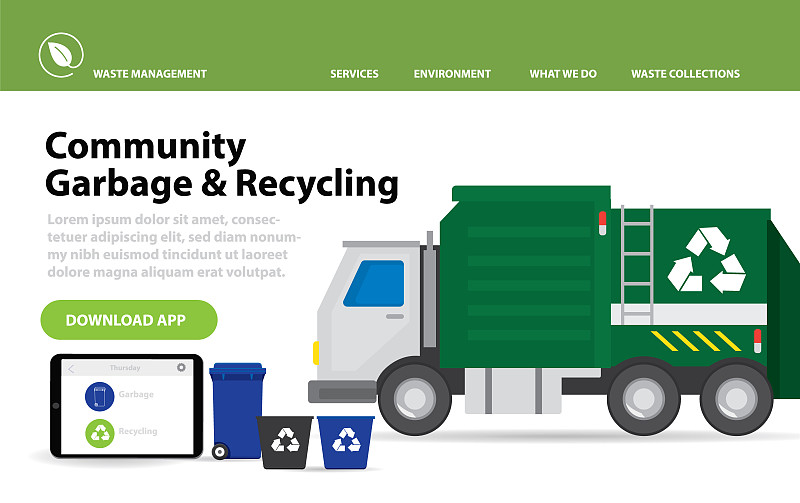 社区垃圾回收应用设计模板布局与垃圾车图片下载