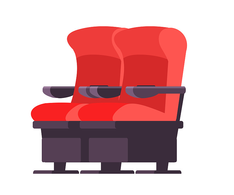 电影座椅矢量插图。卡通电影院舒适的椅子孤立的剪贴画在白色的背景。红色现代扶手椅是礼堂和音乐厅的设计元素。图片下载
