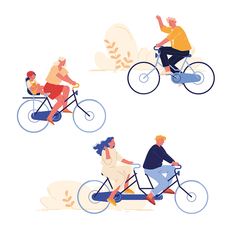人骑自行车运动和休闲活动组。男人和女人骑双人自行车，骑自行车的人骑自行车。居民空闲时间或闲暇时间。人物放松卡通平面矢量插图图片素材