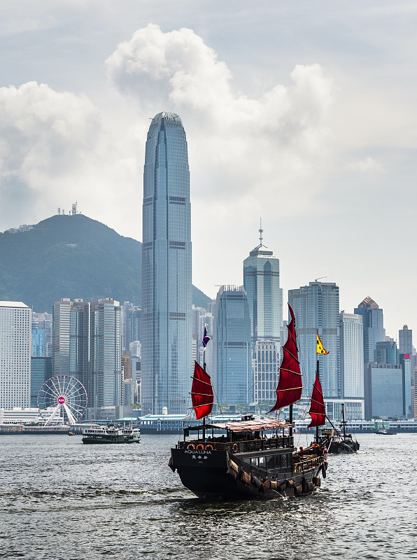 香港维多利亚港有一艘观光舢船图片下载