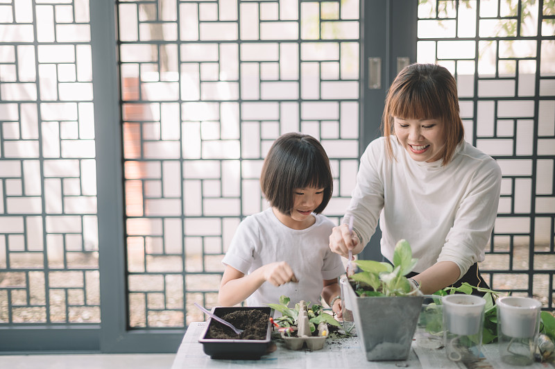 an asian chinese mother tending plant at her house with her daughter bonding time during weekend leisure图片素材