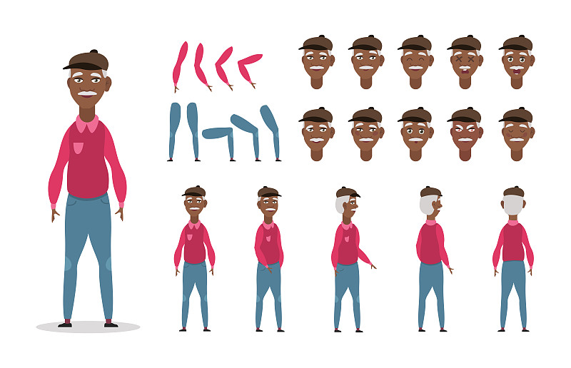 年长的非裔美国人性格构造动画与各种观点，姿态，手势，情绪图片素材