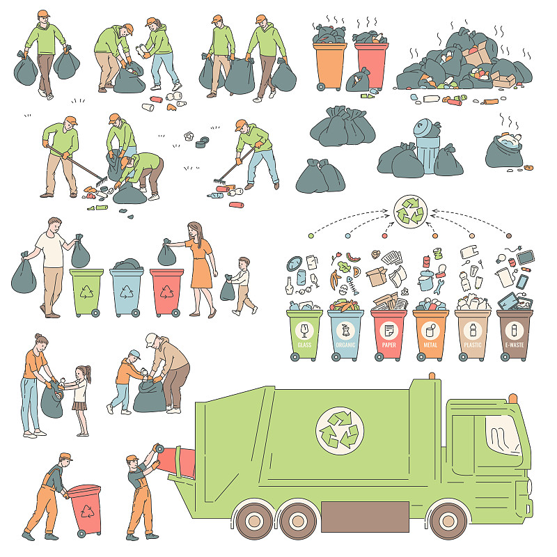 设置垃圾分类回收。人们自愿清理环境中的垃圾。解决环境问题的矢量插图。图片下载