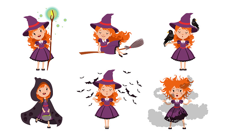 小女巫卡通人物集合，可爱的红头发女孩在不同的情况下紫色的裙子和帽子矢量插图图片素材