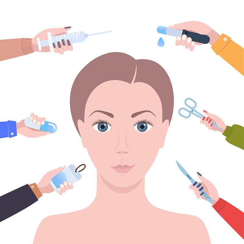双手捧着不同的医用物品围绕女性面部美容程序、面部拉皮减容治疗、护肤美容、抗衰老的概念画像图片下载