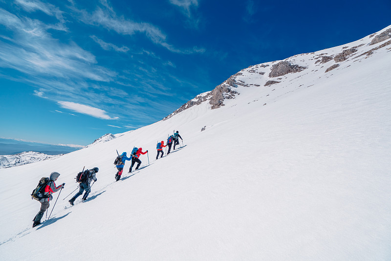 冬季高山登山队正在向海拔较高的山峰连续攀登图片下载