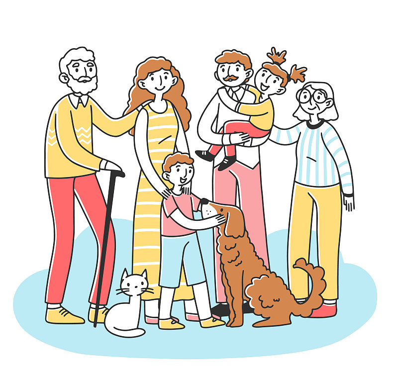 快乐的大家庭和宠物站在一起图片素材